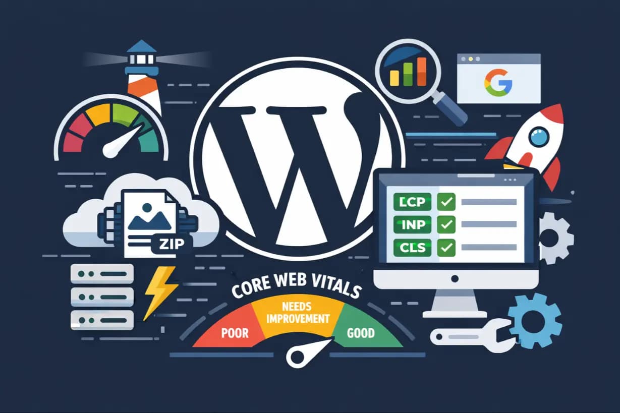 Illustrazione delle performance WordPress con checklist Core Web Vitals (LCP, INP, CLS) e ottimizzazione velocità sito