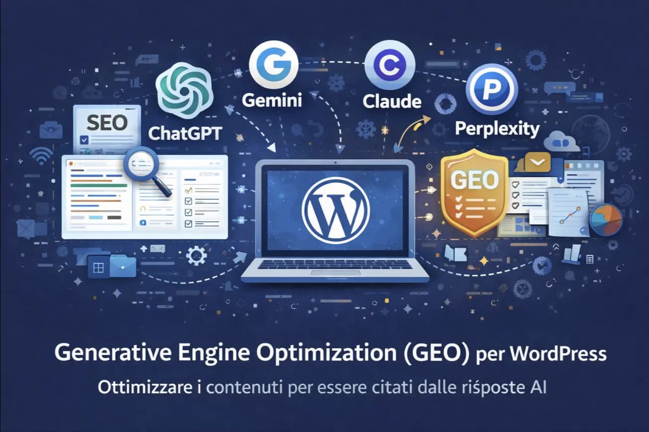 Illustrazione della Generative Engine Optimization per WordPress con ottimizzazione contenuti per motori AI e citazioni nelle risposte