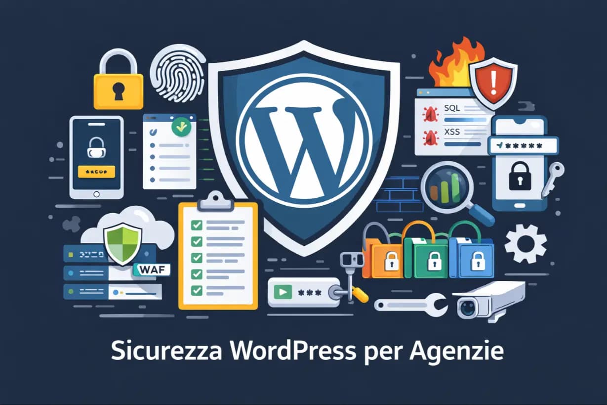 Illustrazione della sicurezza WordPress per agenzie con scudo, protezione sito, firewall, backup e controlli di sicurezza